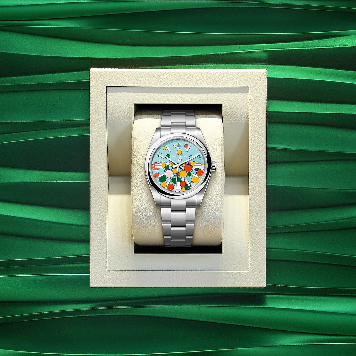 Oyster Perpetual 41, Oystersteel, 41mm, Turquoise Celebration Motif Dial, Ref# 124300-0008